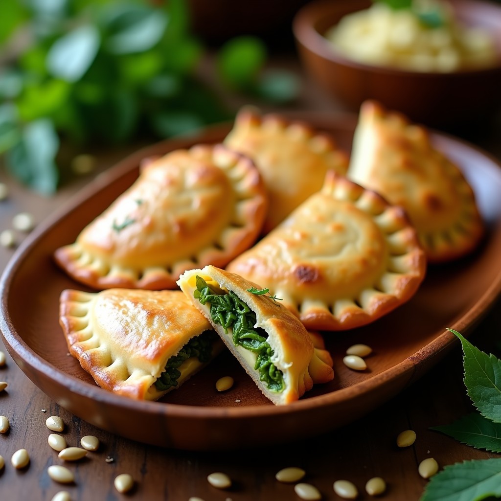 Empanadas doradas y crujientes de chaya y queso de semillas de girasol sobre una bandeja de madera, con detalles de la masa laminada y relleno verde intenso. Receta vegana sin gluten al horno.