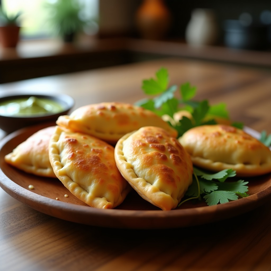 Empanadas doradas y crujientes de chayote y queso de anacardos en airfryer, servidas en un plato de madera rústico con cilantro fresco y rodajas de limón verde, receta colombiana sin lácteos.