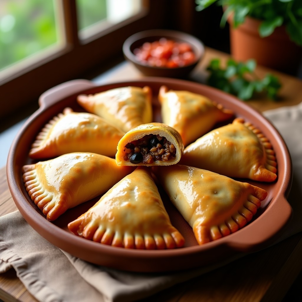 Empanadas chilenas de pino al horno, doradas y crujientes, con relleno jugoso de carne, cebolla, aceitunas y huevo duro, servidas en una fuente de barro.