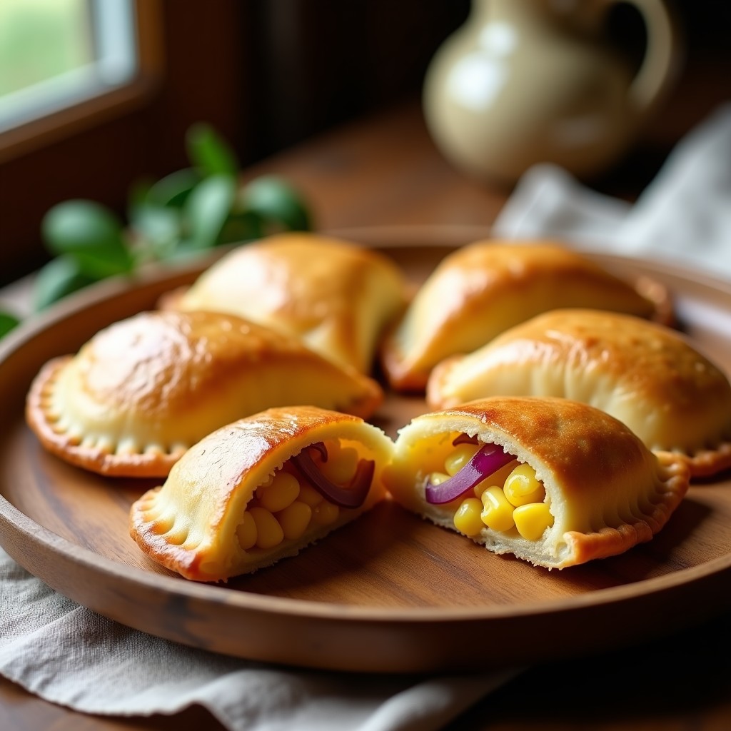 Empanadas chilenas de choclo y queso fresco doradas al horno, con bordes bien sellados y brillo de huevo, servidas en una bandeja de madera rústica con hojas de albahaca fresca.