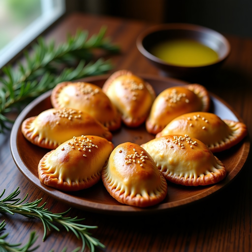 Empanadas doradas y crujientes rellenas de chorizo de soja y pimientos del Padrón, servidas en una fuente de madera rústica con hierbas frescas. Receta vegana en Thermomix.