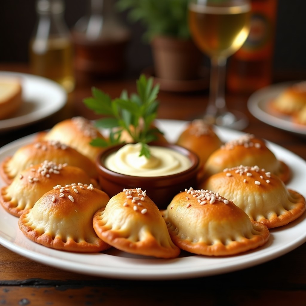 Empanadas doradas y crujientes de chorro y queso de cabra canario, dispuestas en una bandeja de madera rústica con hojas de laurel. Receta tradicional canaria en Thermomix.