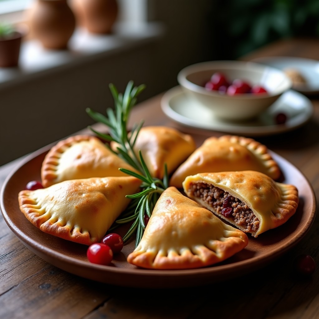 Empanadas doradas y crujientes de carne de ciervo con relleno de puré de castañas, servidas en un plato de madera rústico con arándanos rojos y ramitas de romero como decoración. Receta escandinava en airfryer sin harina.