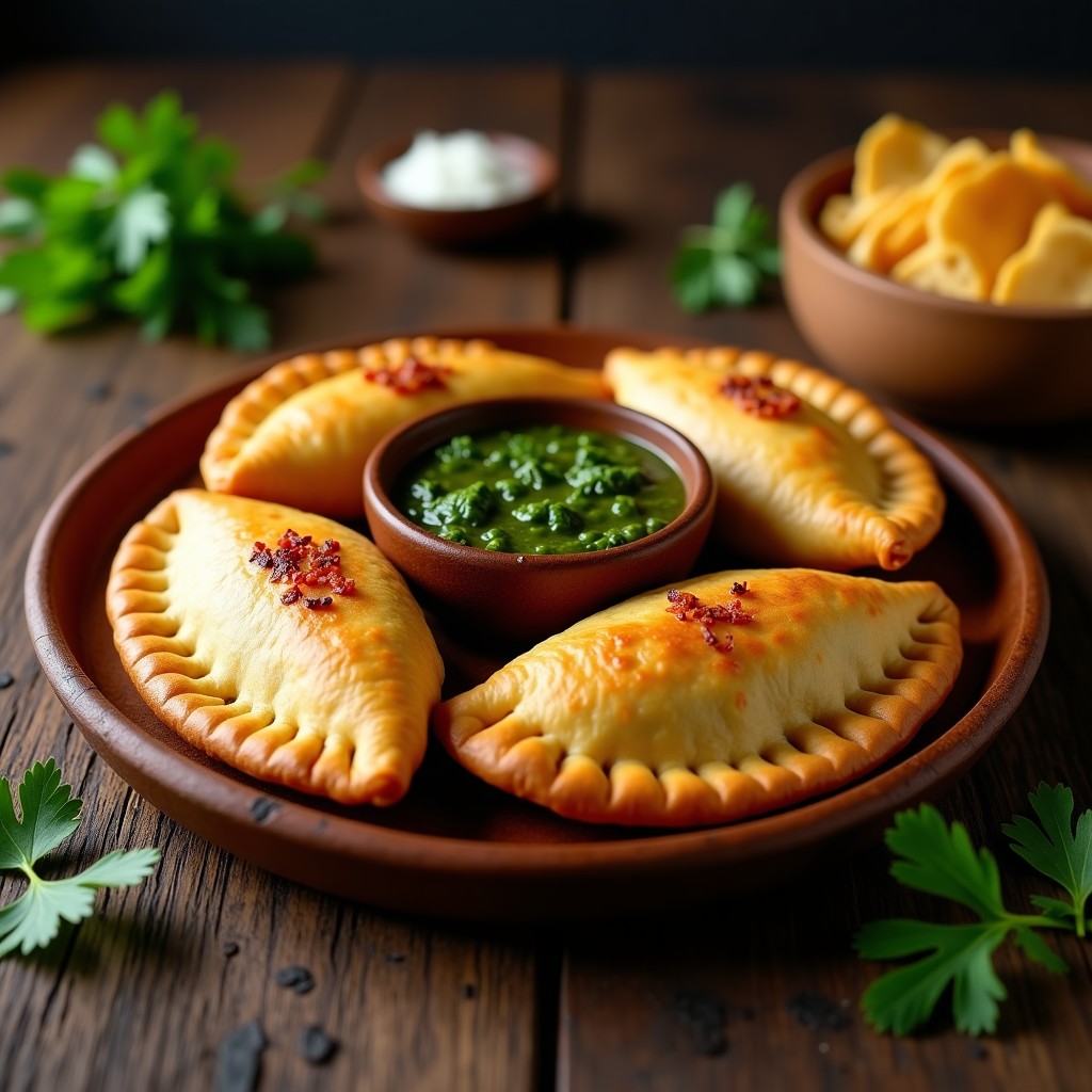 Empanadas argentinas keto de masa de coliflor doradas y crujientes, rellenas de carne picada especiada, servidas en un plato de madera con salsa de chimichurri verde fresca al lado.