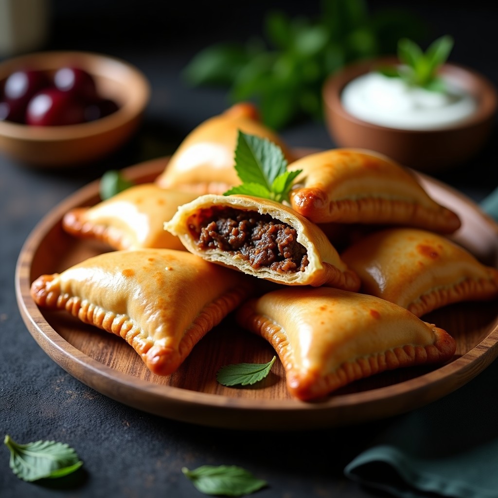 Empanadas argentinas de cordero y ciruelas pasas doradas y crujientes, rellenas de carne jugosa y trozos de ciruela, servidas en una fuente de madera rústica con hojas de romero al lado.