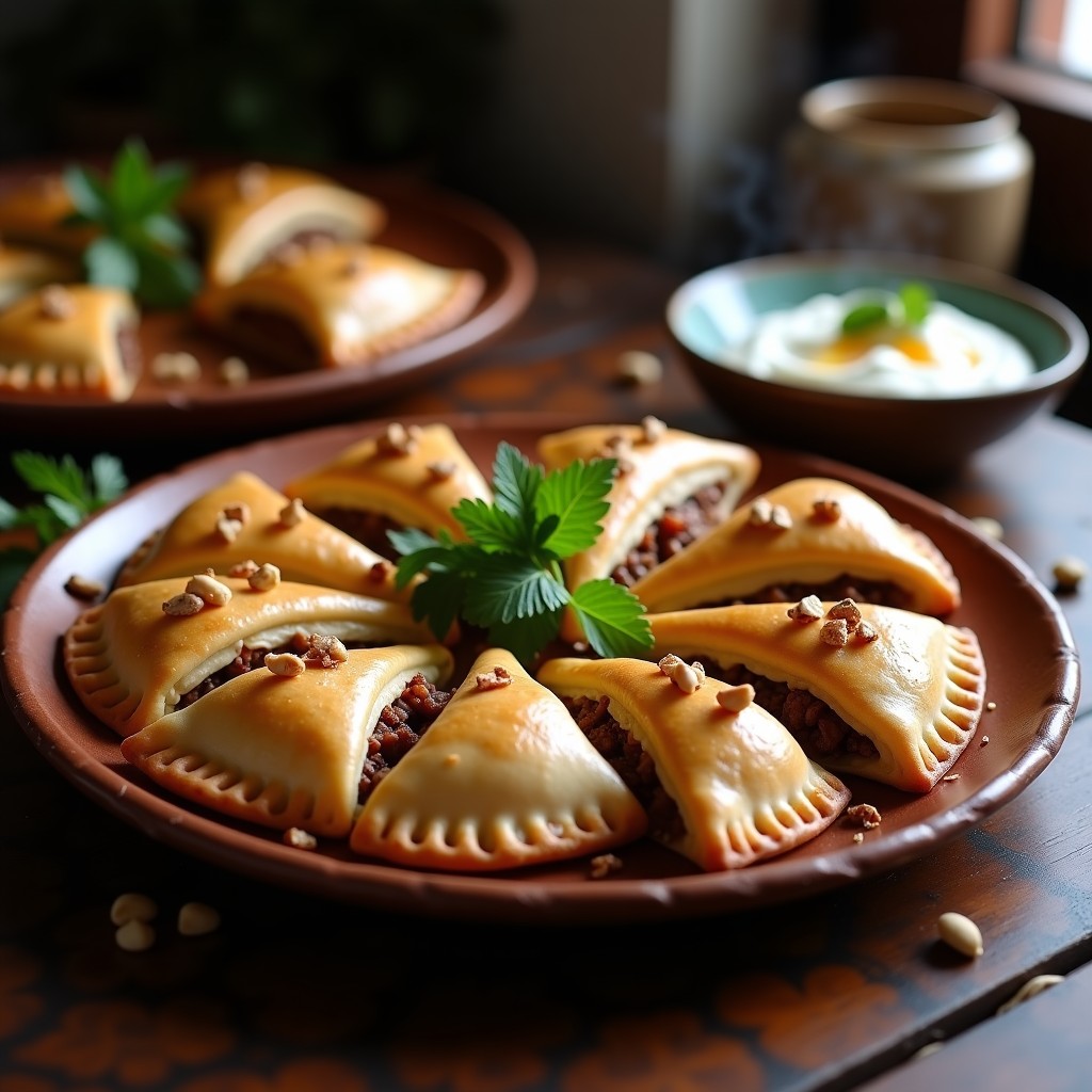 Empanadas árabes doradas y crujientes de carne de cordero y higos con masa de almendras sin gluten, servidas en una bandeja de barro con perejil fresco y piñones tostados.