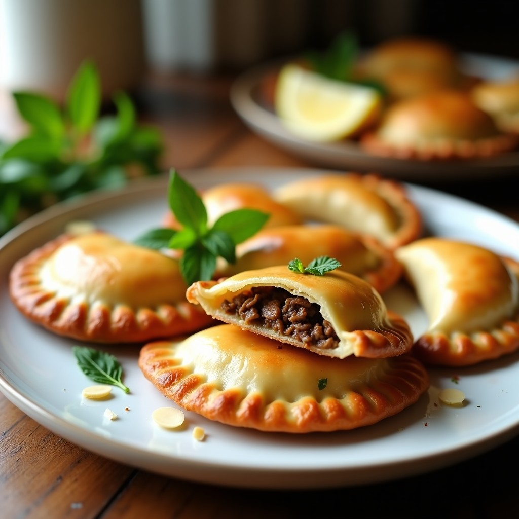 Empanadas doradas y crujientes de cordero y menta en airfryer, con almendras fileteadas, servidas en un plato de cerámica blanca con hierbas frescas.