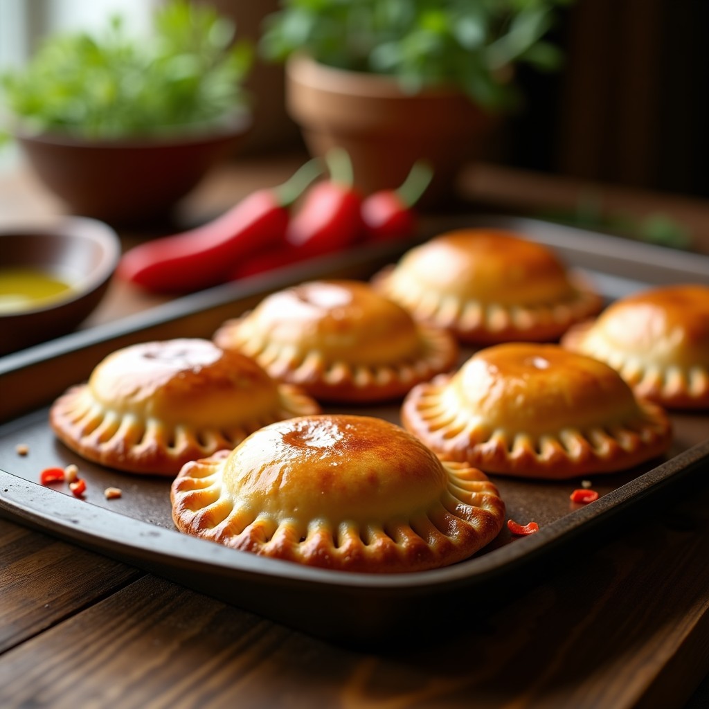 Bandja de empanadas doradas y crujientes rellenas de atún y pimiento del piquillo, con bordes bien sellados y brillo de huevo, sobre papel de horno.