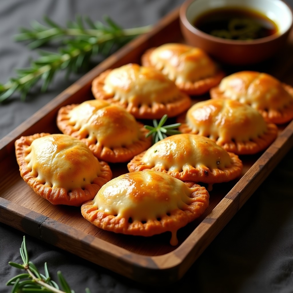 Empanadas doradas y crujientes rellenas de puré de papa llena y trufa, con queso fundido asomando por los bordes, sobre una bandeja de madera rústica.
