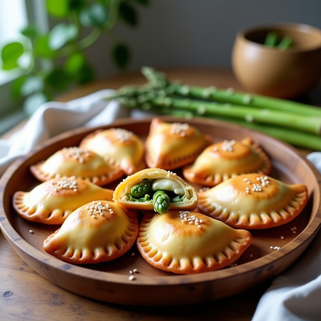 Empanadas doradas y crujientes de espárragos trigueros y queso de almendras sin gluten, servidas en una bandeja de madera rústica con semillas de sésamo espolvoreadas. Receta Thermomix.