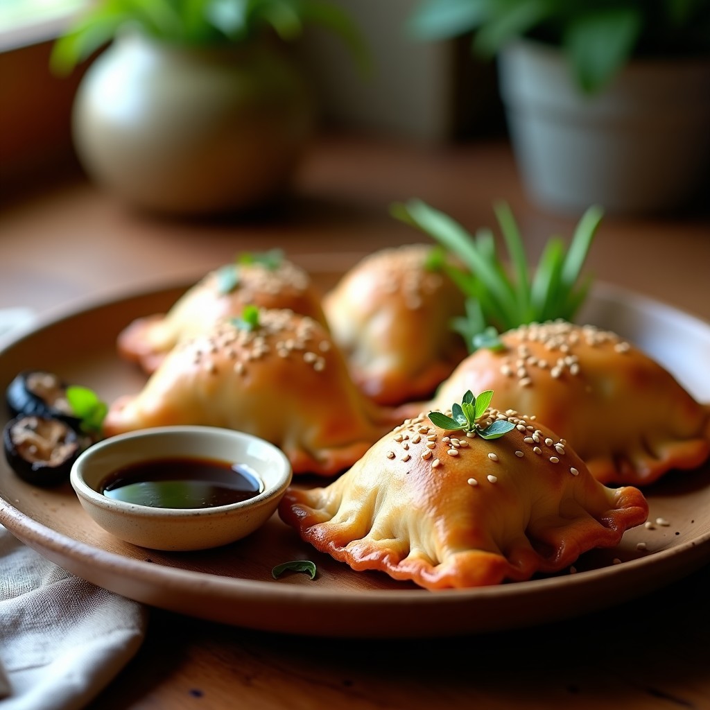 Empanadas doradas y crujientes de espelta rellenas de hongos shitake y tofu, servidas en un plato de madera con salsa de soja brillante y semillas de sésamo espolvoreadas, receta vegana en airfryer.