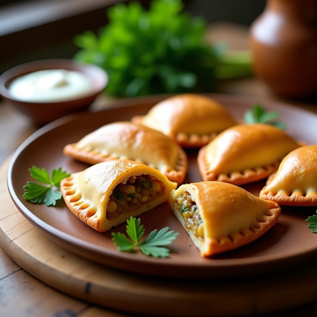 Empanadas doradas de espelta con bordes bien sellados, rellenas de puerros caramelizados y queso de anacardos cremoso, dispuestas en una bandeja de madera rústica con hierbas frescas al lado. Receta argentina sin lactosa.