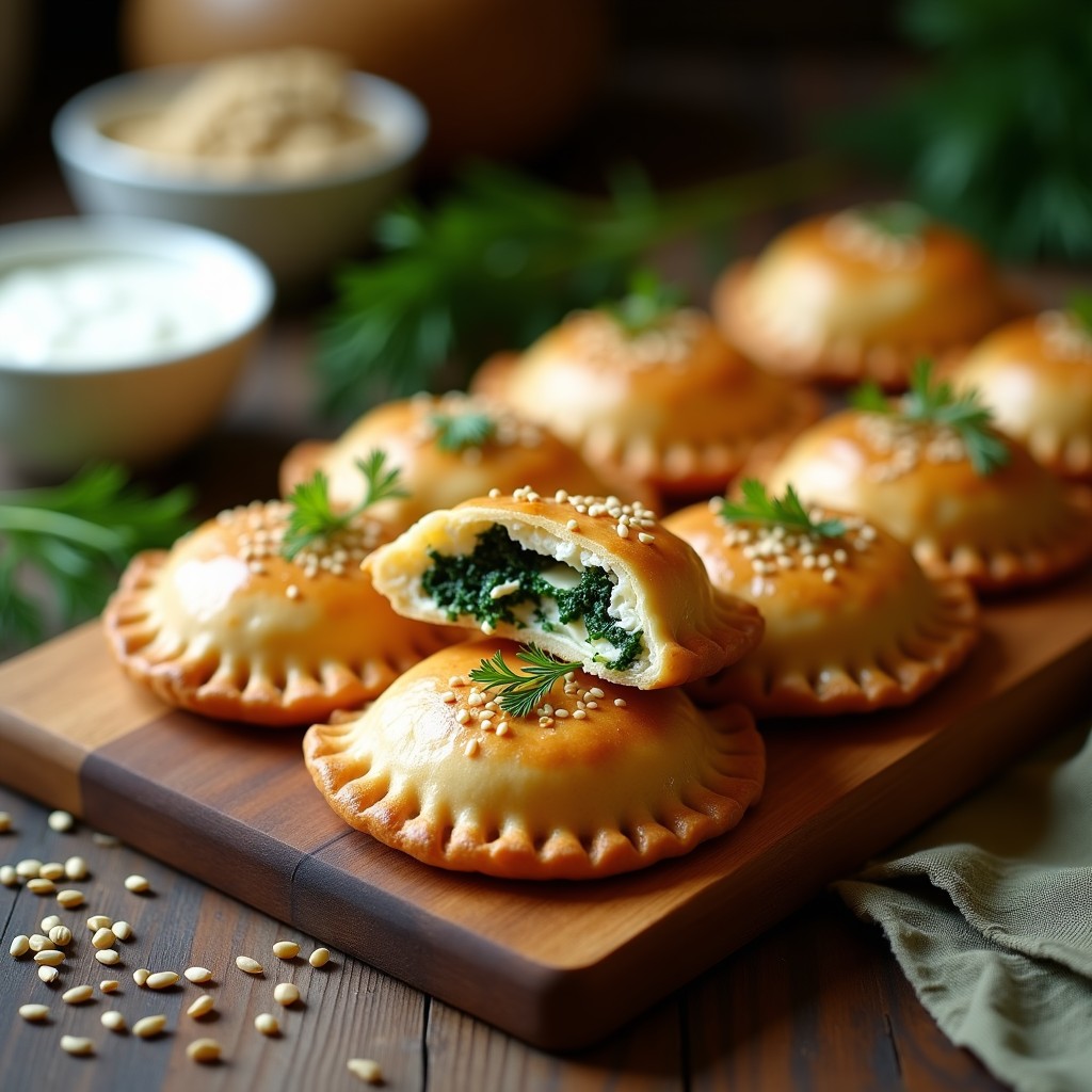 Empanadas griegas doradas en forma de media luna con masa integral, rellenas de espinaca y queso feta, espolvoreadas con semillas de sésamo, servidas sobre una tabla de madera rústica con hojas de eneldo fresco y un bol de yogur griego al lado. Receta de empanadas de espinaca y feta con masa integral en airfryer sin aceite.