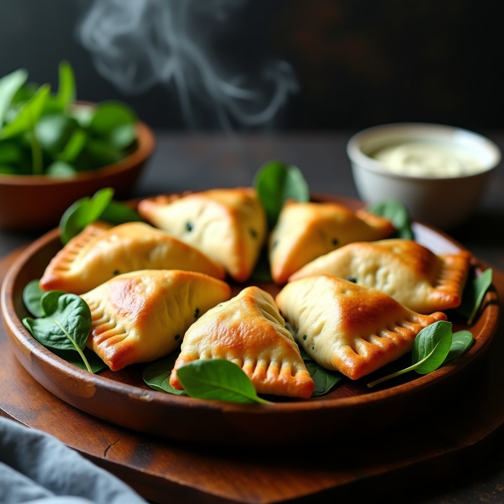 Empanadas doradas de masa integral rellenas de espinaca y queso de anacardos vegano, servidas en un plato de madera rústico con hojas de espinaca fresca de decoración, receta rápida en olla exprés.