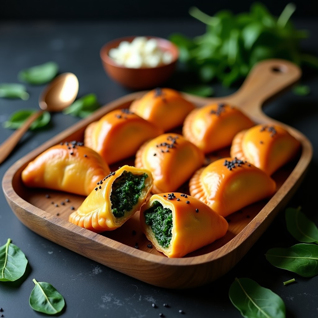 Empanadas doradas y crujientes de espinaca y queso de castañas con masa de batata, servidas en bandeja de madera rústica con hojas de espinaca fresca como decoración. Receta argentina sin lactosa.