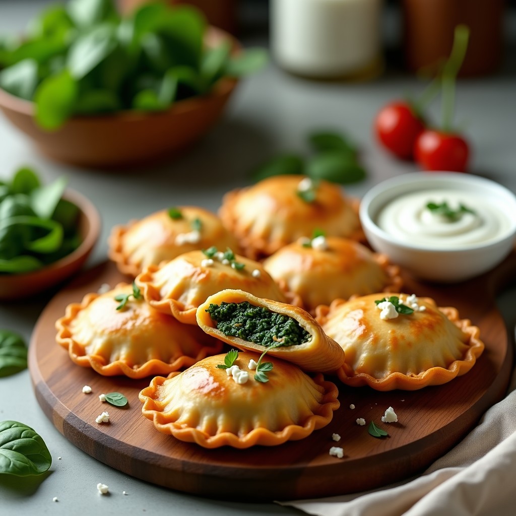Empanadas doradas y crujientes de masa de yuca rellenas de espinaca y queso feta, servidas en una bandeja de madera rústica con hierbas frescas y un bol pequeño de salsa blanca al lado. Receta sin gluten en airfryer.