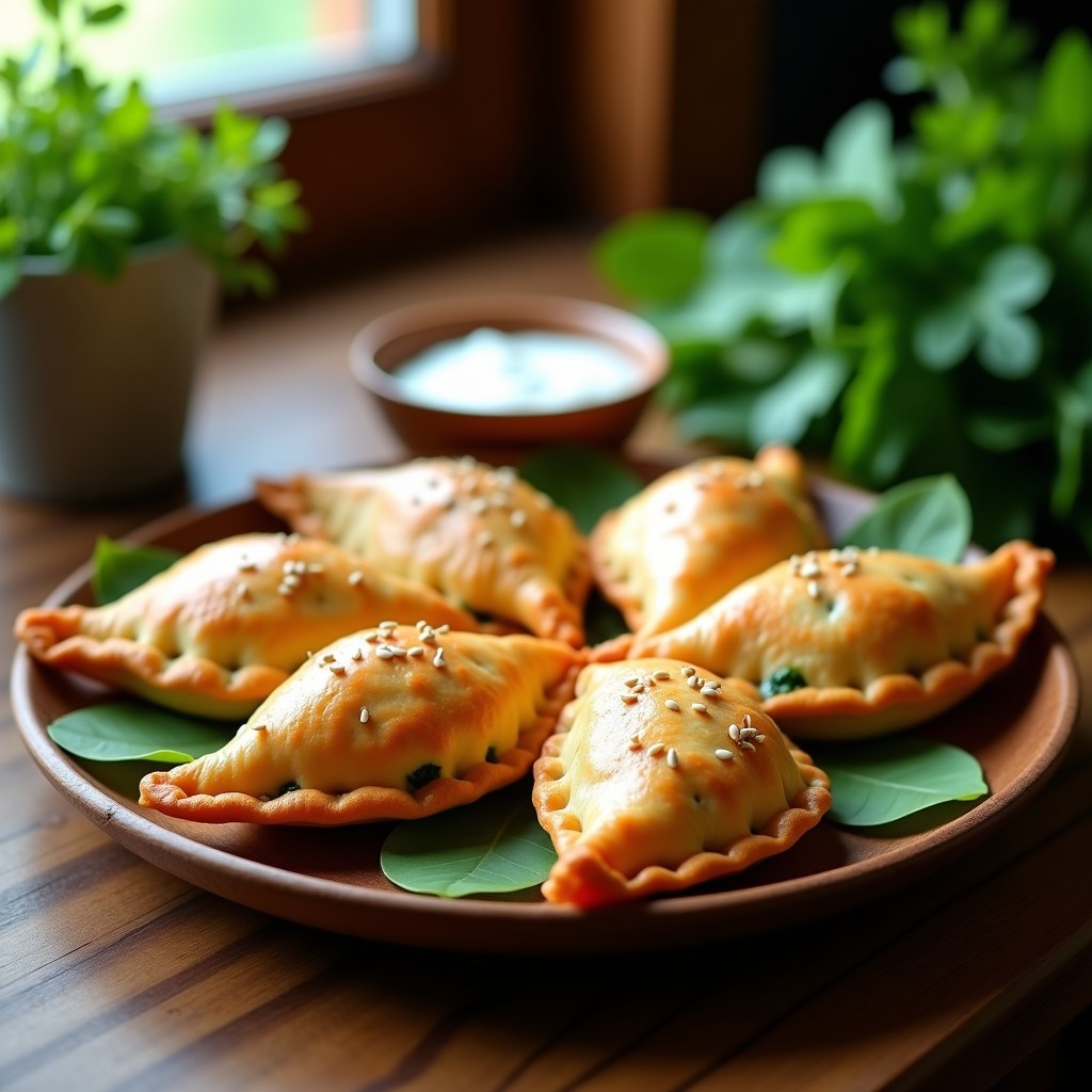 Empanadas doradas y crujientes de espinaca y tofu ahumado servidas en un plato de madera rústico, con semillas de sésamo visibles y un fondo de hierbas frescas.