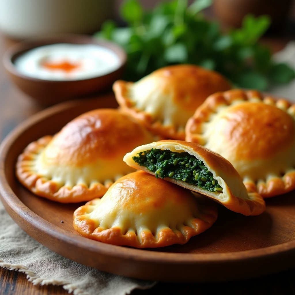 Empanadas doradas y crujientes rellenas de espinaca y tofu, servidas en un plato rústico con salsa de yogur vegano al lado, receta de empanadas de espinaca y tofu crujientes en airfryer.
