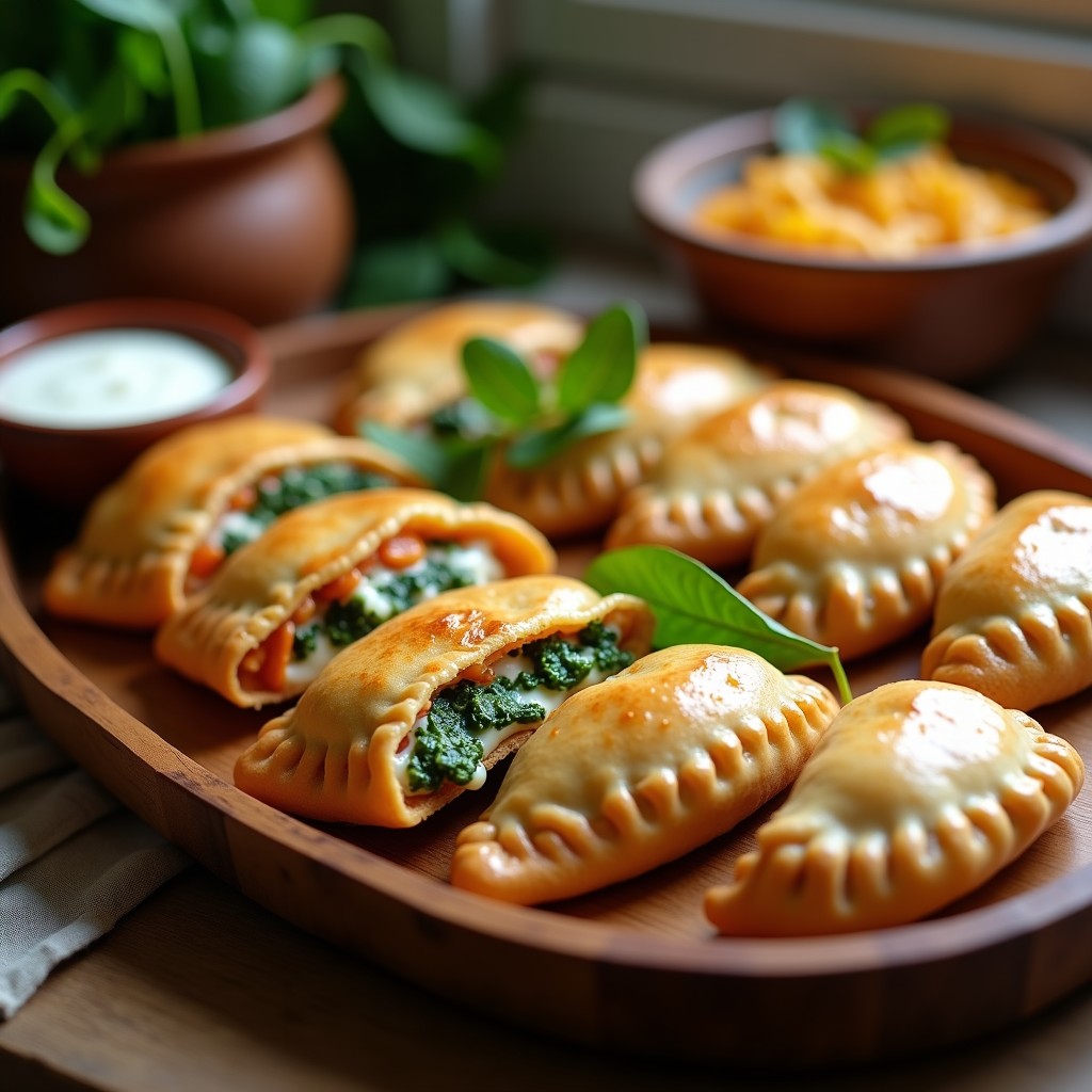 Empanadas doradas de masa de batata morada rellenas de espinacas y queso de almendras, servidas en una bandeja de madera rústica con perejil fresco y un fondo borroso de cocina acogedora.