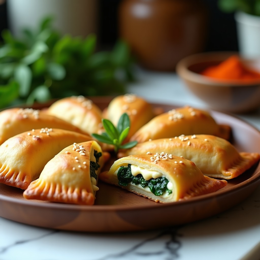 Empanadas doradas y crujientes de espinacas y queso de caju con masa de yuca, horneadas a la perfección, sobre una bandeja de madera rústica con hierbas frescas y un dip de aguacate al lado.