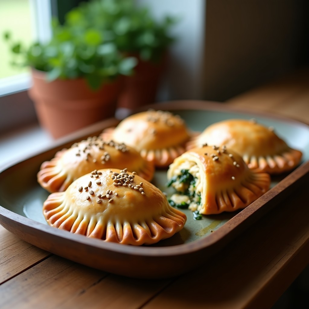 Empanadas doradas y crujientes de espinacas y queso de castañas sobre una bandeja de madera, con semillas de sésamo visible en la superficie. Receta vegana en Thermomix con masa integral.