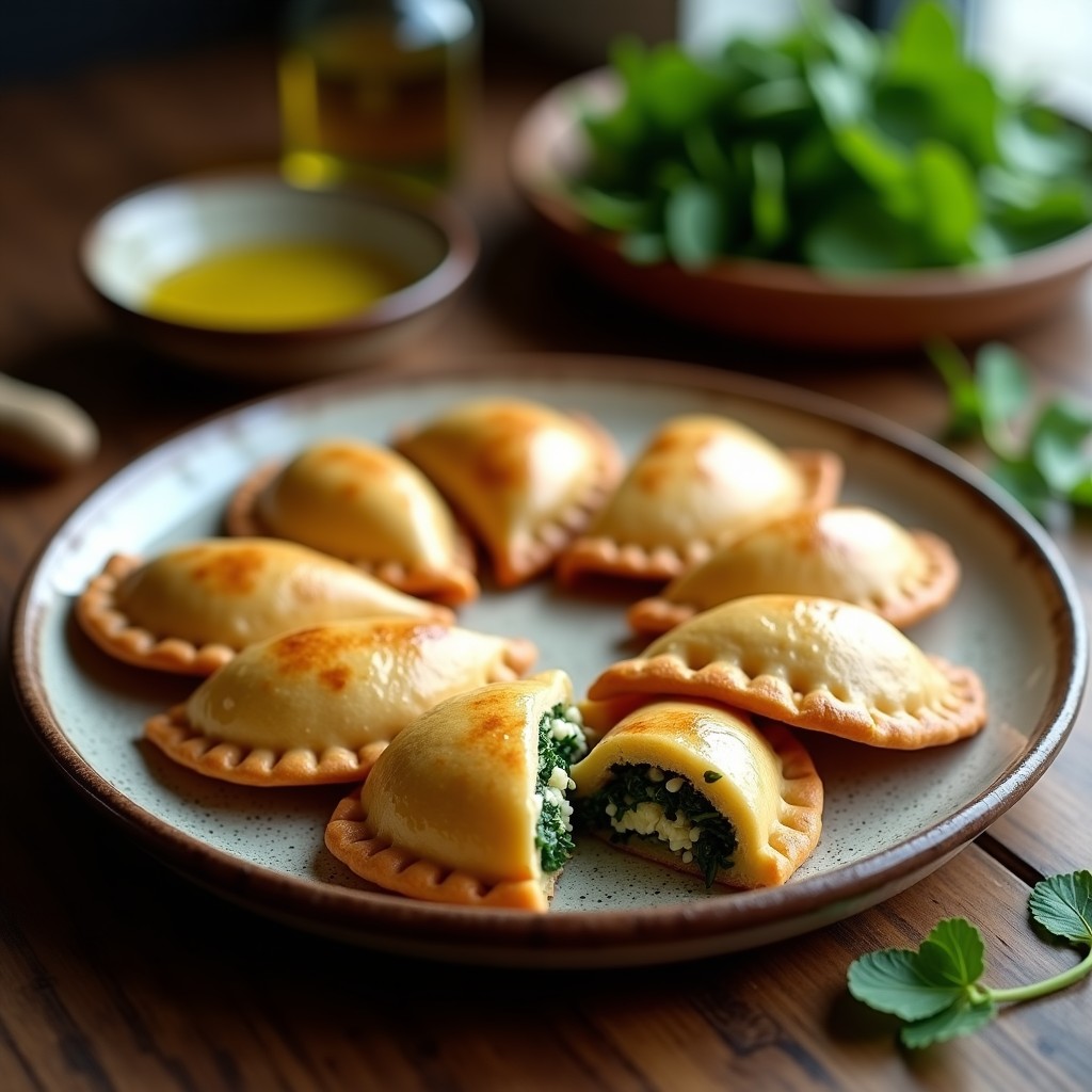 Empanadas doradas de masa de maíz azul rellenas de espinacas y queso de oveja, con almendras y pasas, servidas en una bandeja de barro con hierbas frescas de fondo. Receta mexicana sin gluten.