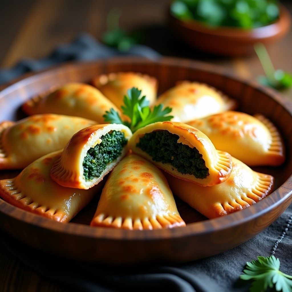 Empanadas doradas y crujientes de espinacas y tofu horneadas, con bordes perfectamente sellados y un relleno verde vibrante asomando por los cortes. Servidas en una bandeja de madera rústica con hierbas frescas.