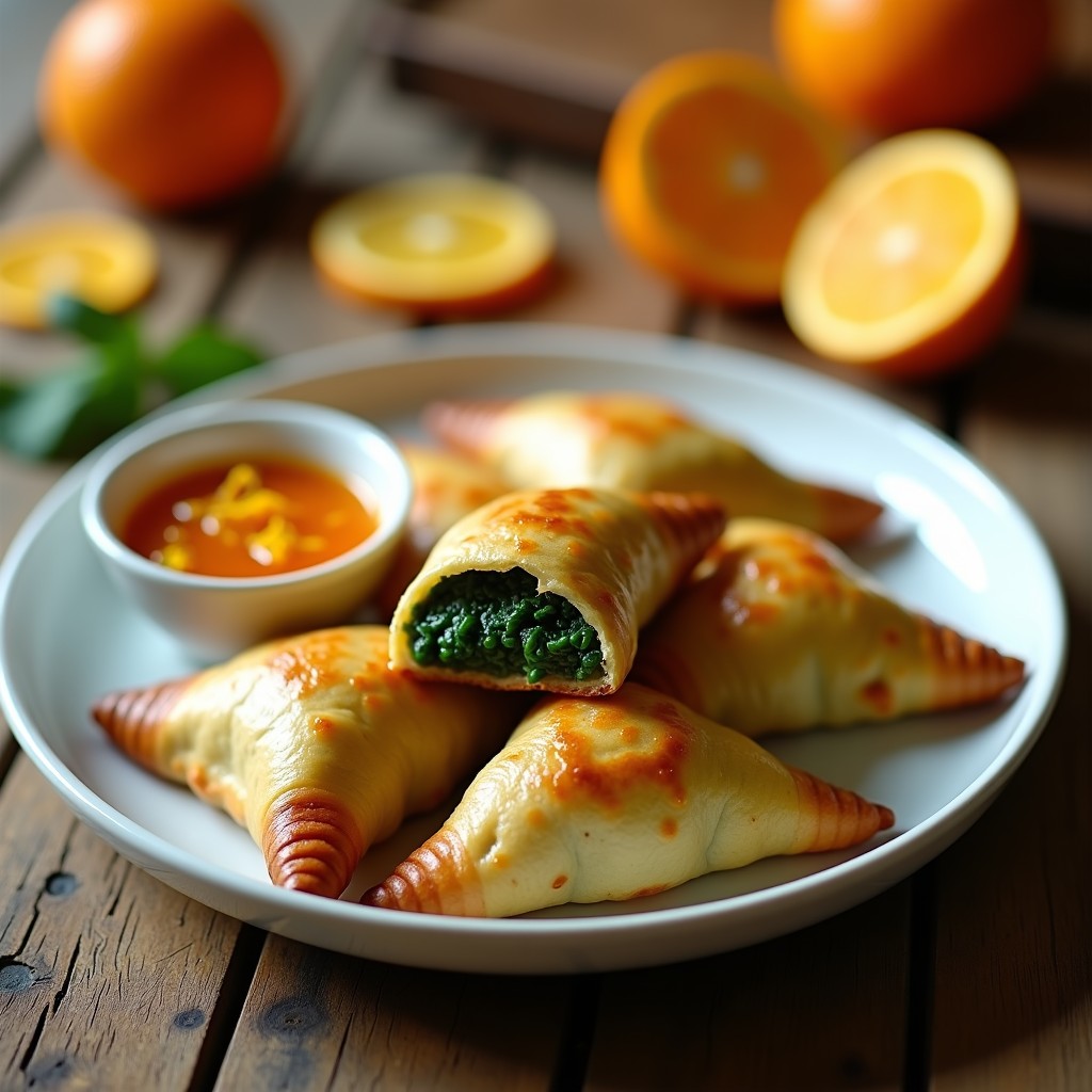 Empanadas veganas doradas y crujientes rellenas de queso de anacardos cremoso y verduras, servidas en un plato de madera con salsa de cítricos brillante y ralladura de naranja. Receta de empanadas de espirulina en airfryer con presentación gourmet.