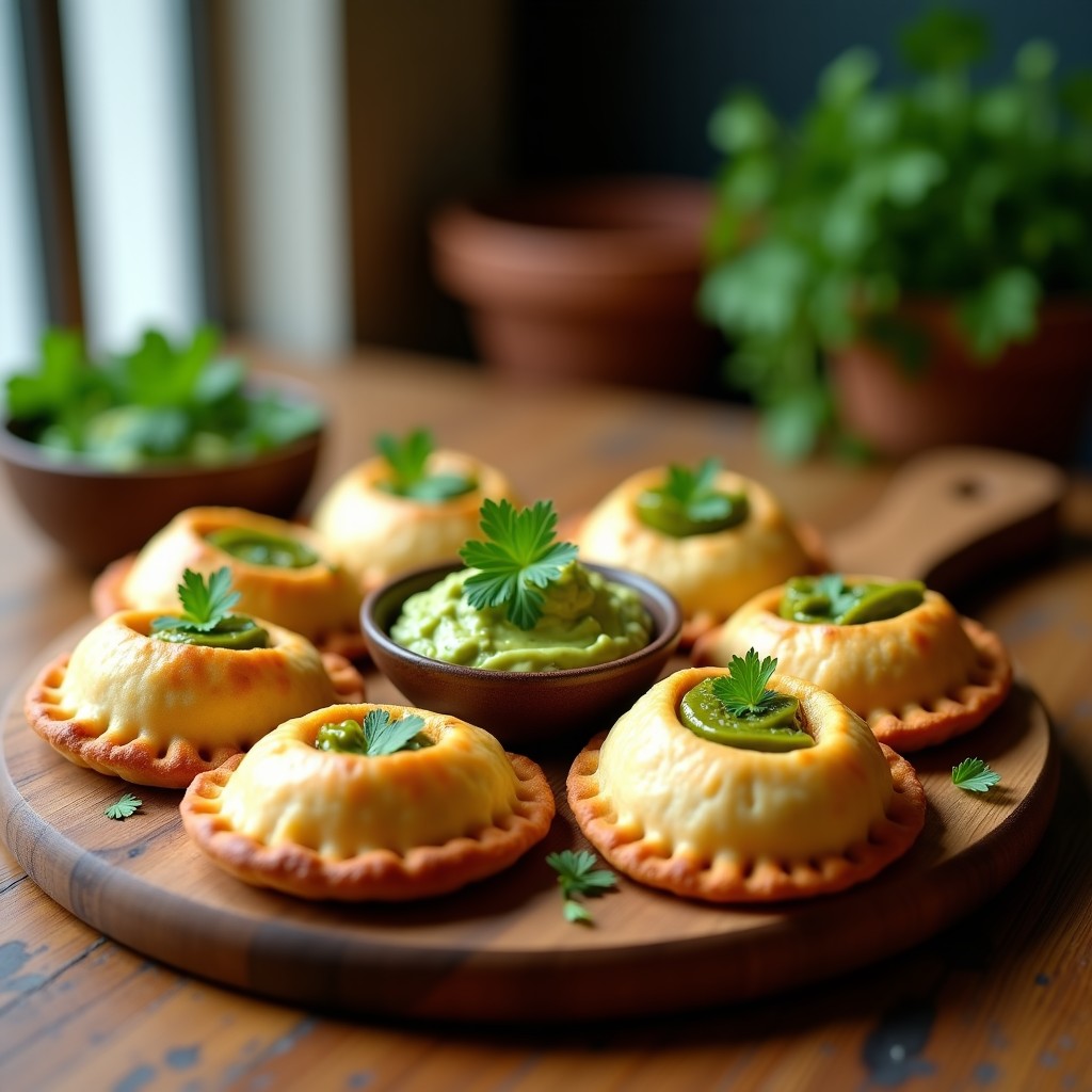 Empanadas doradas y crujientes con masa de yucca, rellenas de espirulina y queso vegano, dispuestas en bandeja de madera rústica con hierbas frescas de decoración. Receta colombiana en Thermomix.