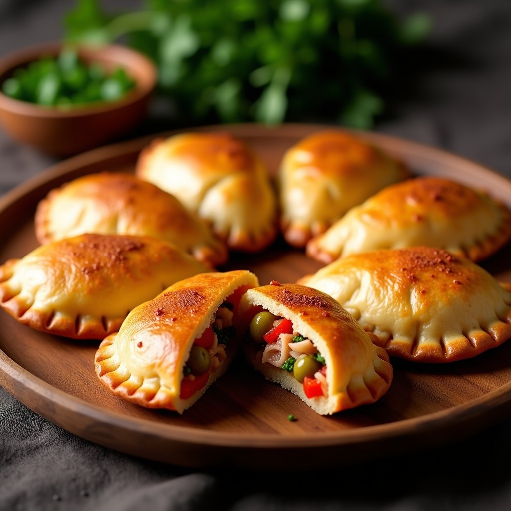 Empanadas gallegas doradas y crujientes en airfryer, rellenas de atún, pimentón, cebolla y huevo, servidas en plato de madera rústico.