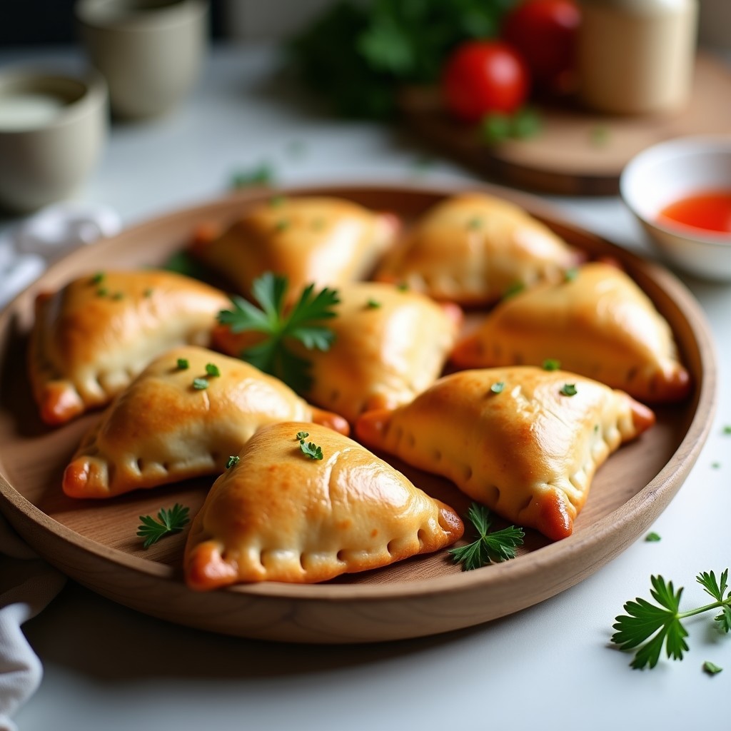 Empanadas gallegas doradas y crujientes rellenas de atún y pimiento rojo, servidas en una fuente de madera con perejil fresco como decoración, receta en airfryer.