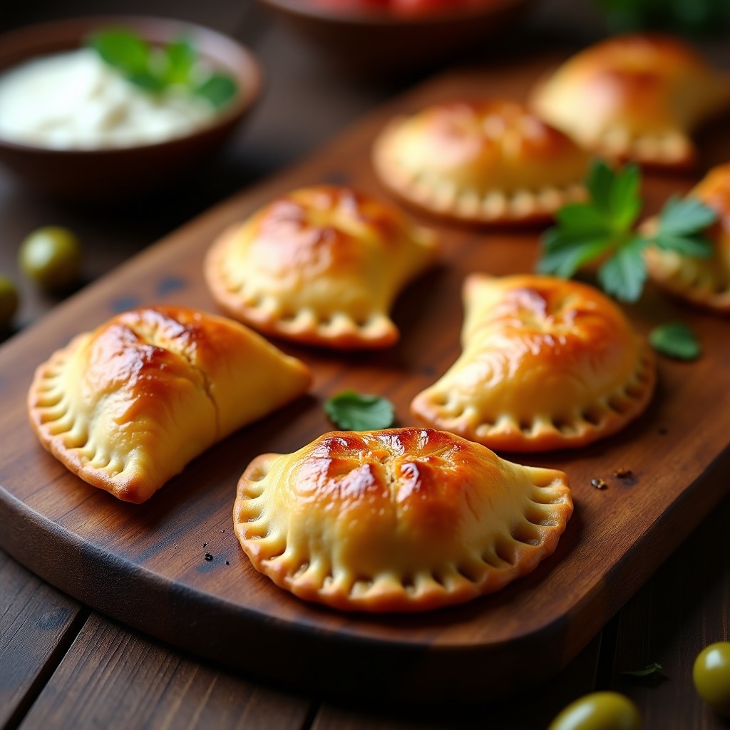 Empanadas gallegas doradas al horno con relleno de atún y pimiento rojo, dispuestas en una bandeja de madera rústica.