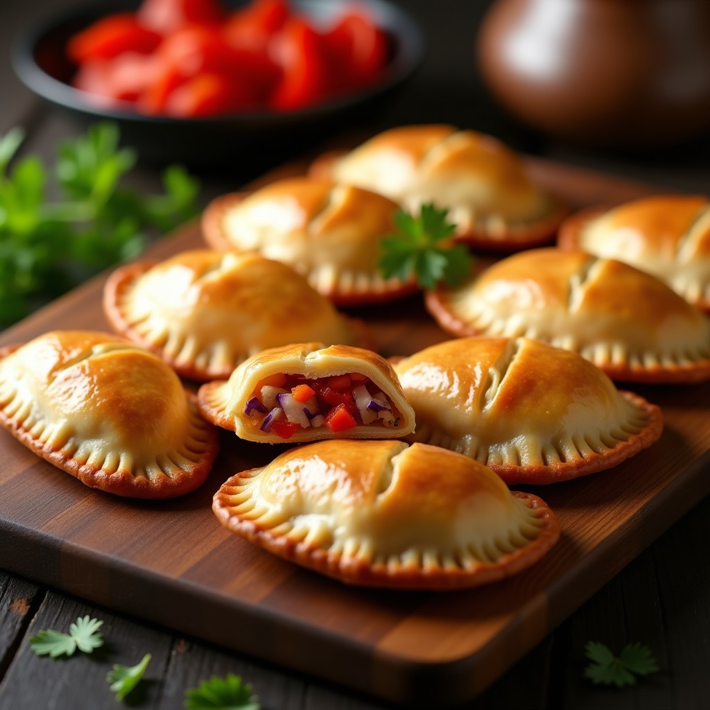 Empanadas gallegas doradas y crujientes rellenas de atún y pimiento, dispuestas en una bandeja de madera rústica con un toque de perejil fresco.