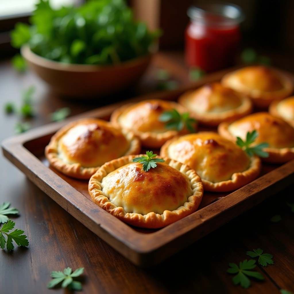 Empanadas gallegas doradas y crujientes rellenas de atún y pimientos rojos asados, servidas en una bandeja de madera rústica con un toque de perejil fresco.
