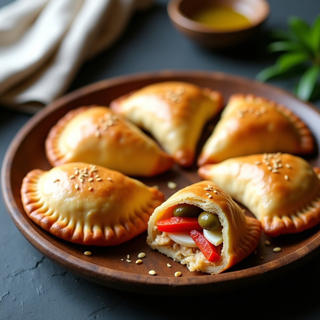 Empanadas gallegas de atún doradas y crujientes sobre una bandeja de madera rústica, con un corte que muestra el relleno jugoso de atún, pimiento y huevo.