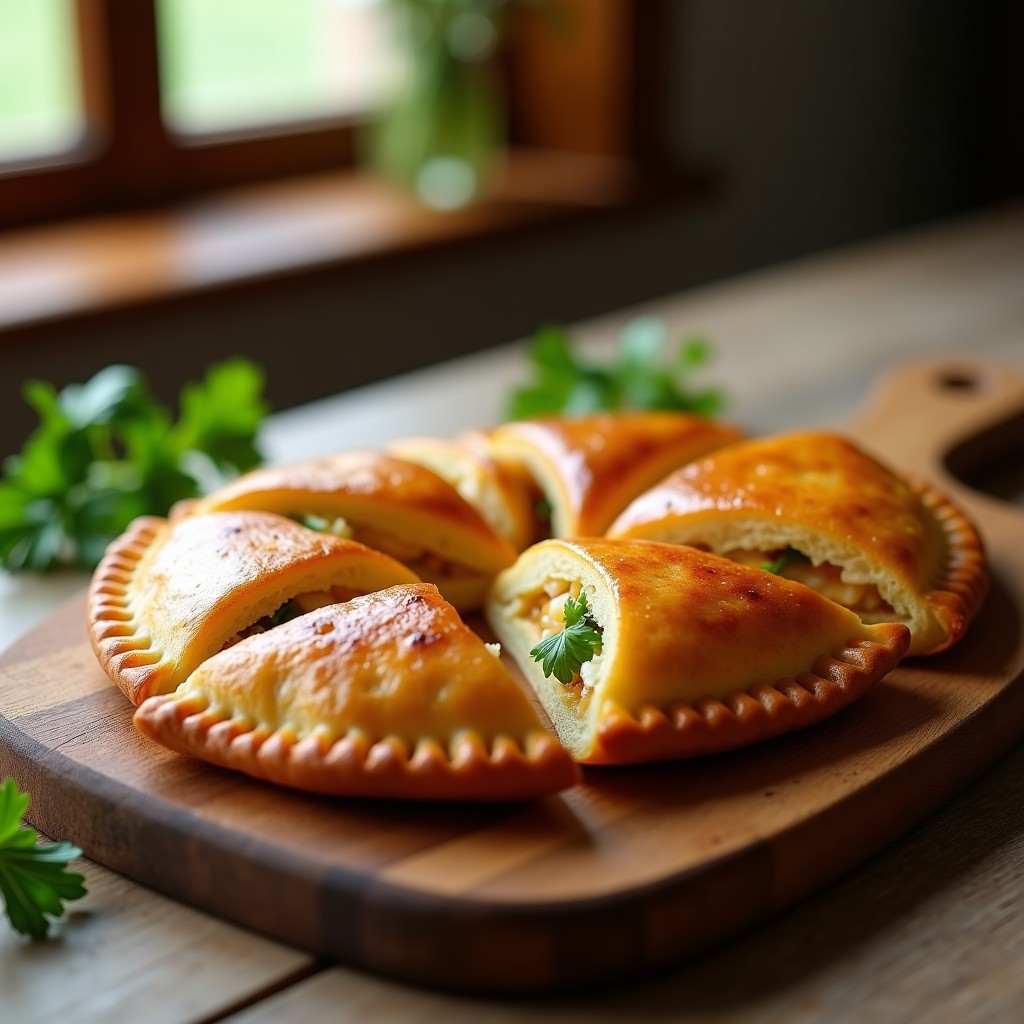 Empanada gallega dorada y crujiente en bandeja de horno, con relleno jugoso de merluza, cebolla y pimentón, servida en porción triangular.