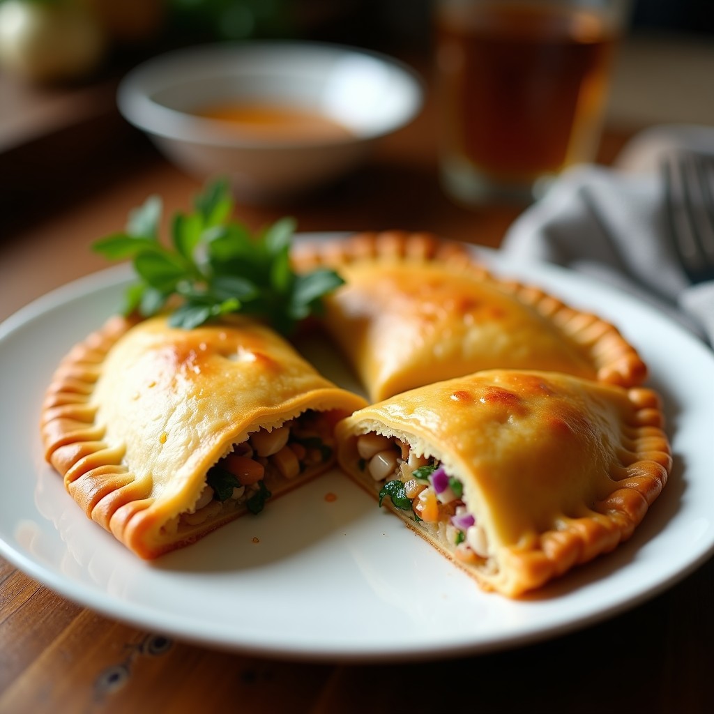 Empanada gallega dorada y crujiente cortada por la mitad, mostrando un relleno jugoso de xouba y almejas con cebolla, pimiento y perejil.