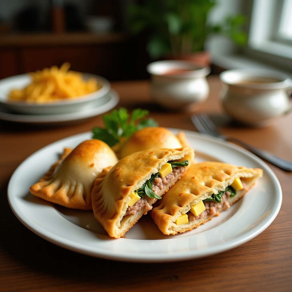 Empanadas de galleta María rellenas de atún y huevo, apiladas en un plato blanco con perejil fresco y limón al lado, receta rápida sin horno.