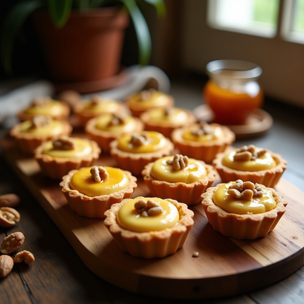 Empanadas individuales de galleta María rellenas de cremoso queso azul y nueces picadas, decoradas con miel y servidas en bandeja de madera rústica, receta sin horno gourmet.
