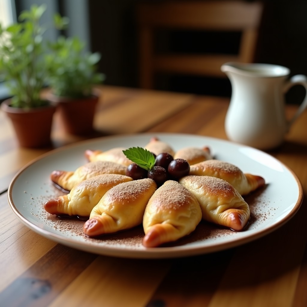 Empanadas de galleta María rellenas de crema de chocolate, apiladas en un plato blanco con virutas de chocolate blanco y cacao en polvo espolvoreado.