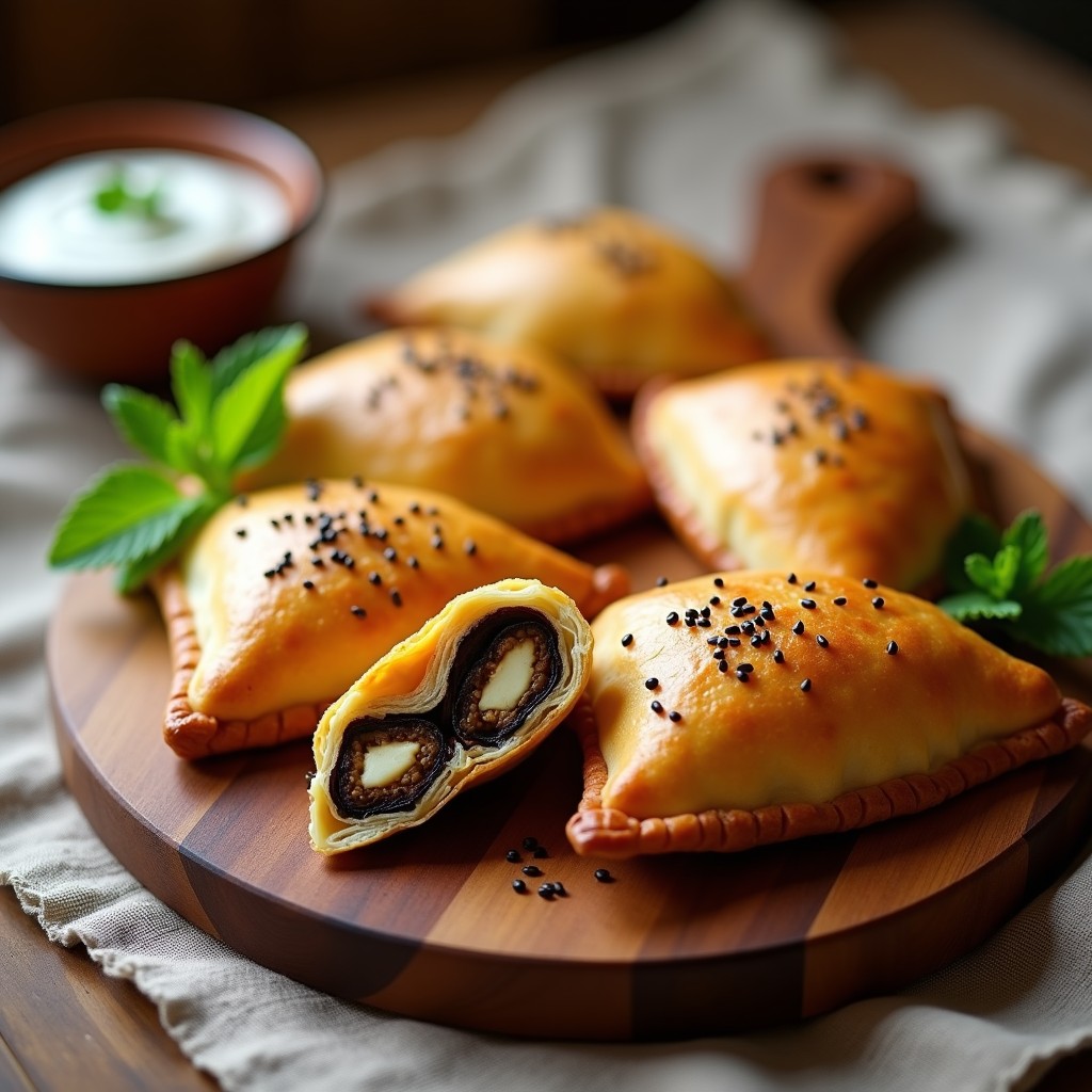 Empanadas griegas doradas y crujientes rellenas de queso halloumi y berenjena ahumada, espolvoreadas con semillas de sésamo negro, servidas en una bandeja de madera rústica con hojas de menta fresca como decoración.