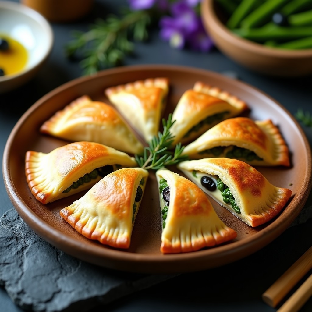 Empanadas doradas y crujientes de harina de almendra rellenas de espárragos trigueros y bechamel cremosa de anacardos, servidas en una fuente de madera con hierbas frescas. Receta keto en airfryer.