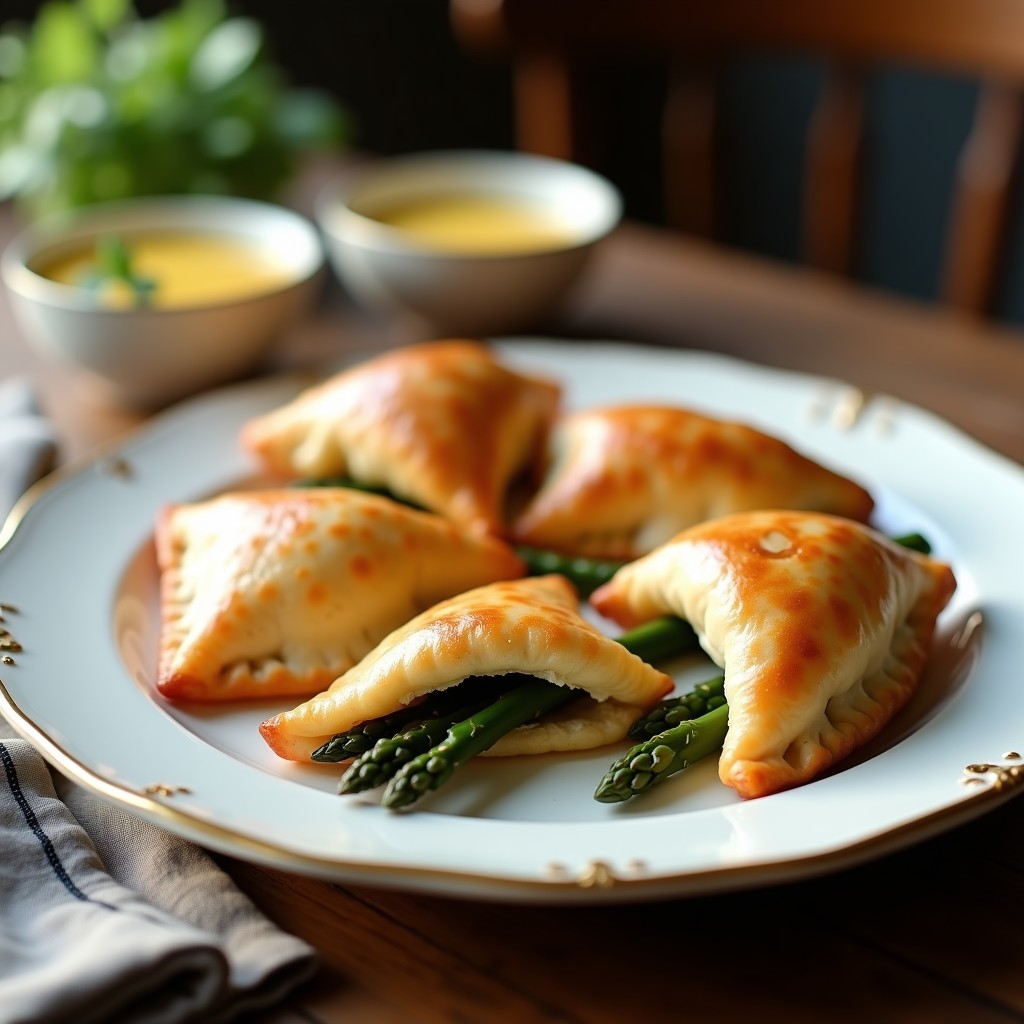 Empanadas doradas de harina de almendra rellenas de espárragos verdes, servidas en una fuente de cerámica blanca con salsa de mostaza de Dijon y puntas de espárrago como decoración, receta francesa keto.