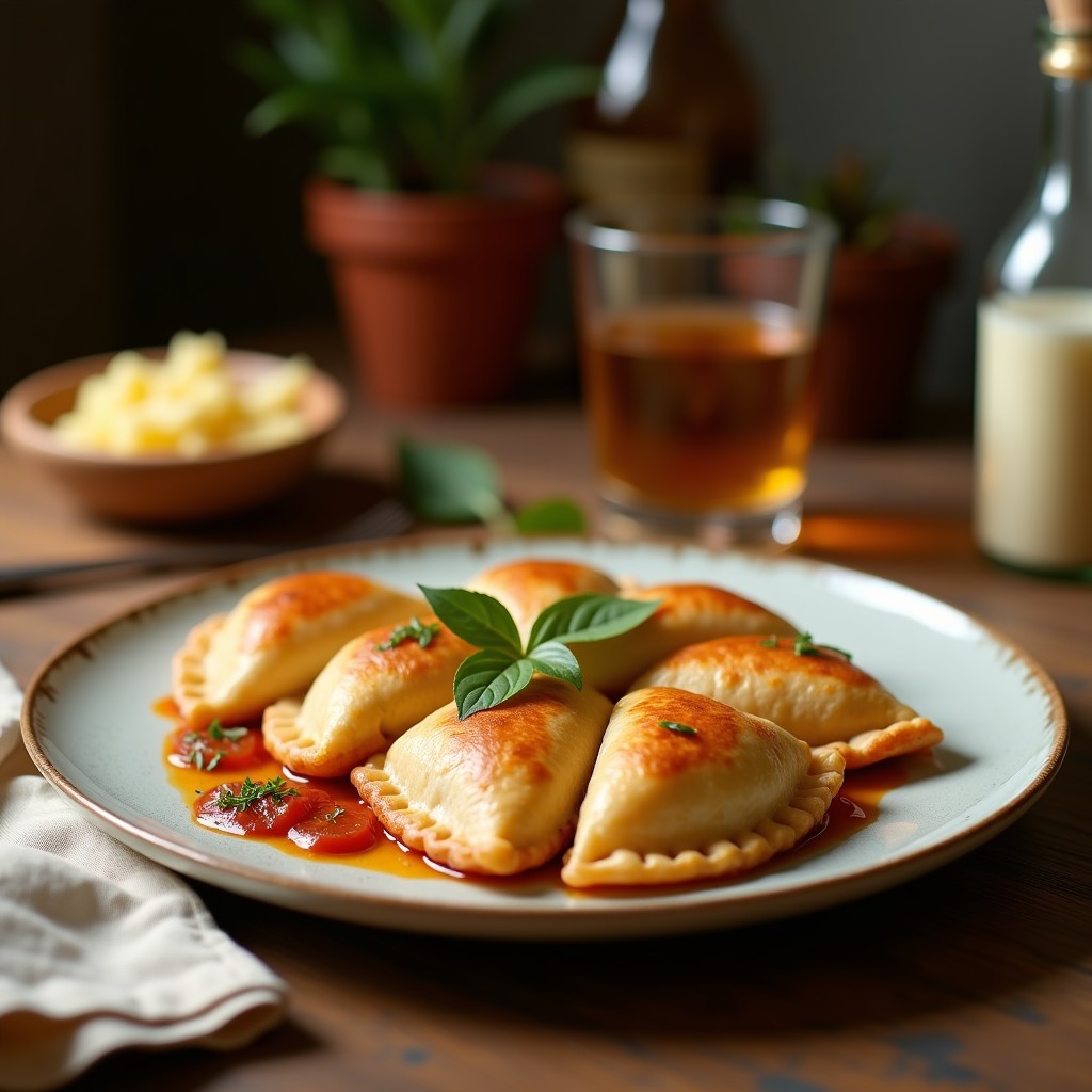 Empanadas doradas y crujientes de harina de almendra rellenas de espinacas y queso de anacardos, servidas en un plato de madera rústico con semillas de sésamo y almendras molidas por encima. Receta sin gluten en airfryer.