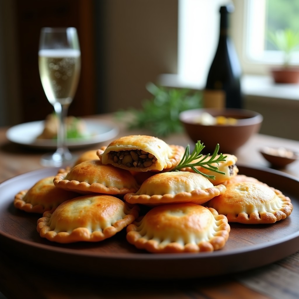 Empanadas doradas y crujientes de harina de arroz rellenas de champiñones portobello y champagne, servidas en una fuente de madera oscura con hojas de tomillo fresco y una copa de champagne al fondo, receta francesa en airfryer.