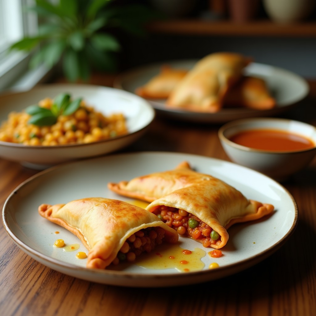 Empanadas doradas de harina de coco rellenas de carnes vegetales al curry, con semillas de sésamo en la superficie, servidas en una fuente de madera con hierbas frescas y salsa de yogur de coco al lado.