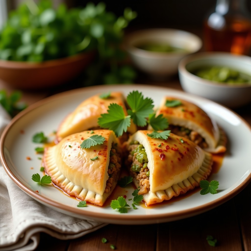 Empanadas doradas y crujientes de harina de coco rellenas de pollo al chimichurri, servidas en un plato rústico de madera con hierbas frescas y salsa chimichurri al lado. Receta argentina keto y sin gluten.