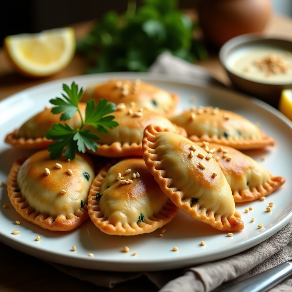 Empanadas doradas y crujientes de harina de garbanzo rellenas de espinacas, servidas en un plato de cerámica blanca con salsa de tahini cremosa espolvoreada con semillas de sésamo, acompañadas de rodajas de limón y cilantro fresco.