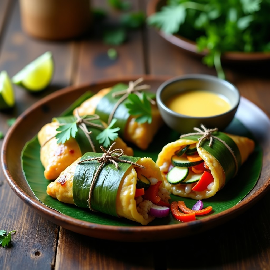 Empanadas de hoja de plátano abiertas mostrando pescado al vapor y vegetales coloridos en su interior, cocinadas en airfryer, con un fondo rústico de madera y hierbas frescas.