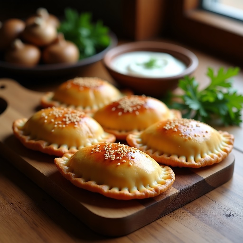 Empanadas doradas y crujientes de hongo reishi y cebolla caramelizada con masa integral, servidas en un plato de madera rústico con semillas de sésamo negro. Receta saludable en airfryer.
